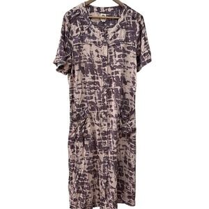 Tiny Anthropologie‎ Midi Dress L Purple Tan Abstract Button Front Rayon 304937